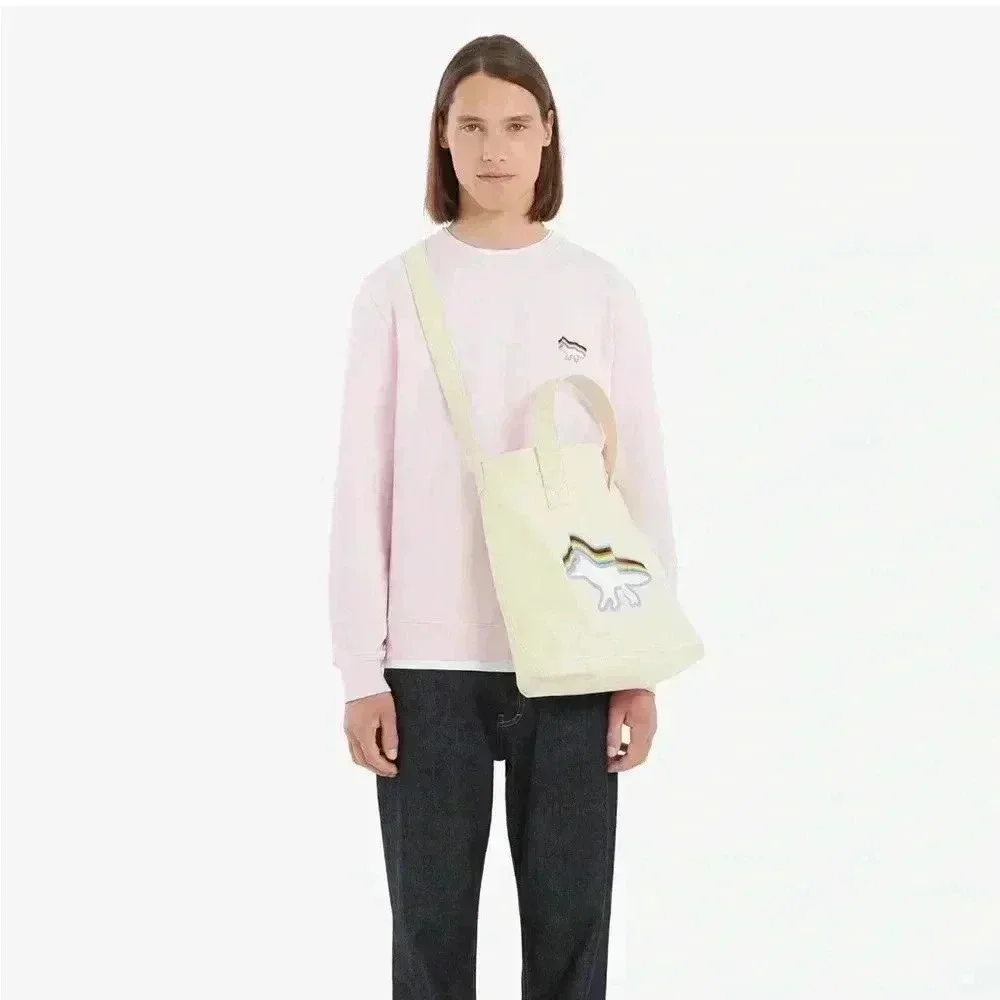 NWT Maison Kitsune Canvas Tote Bag Rainbow Fox Cream